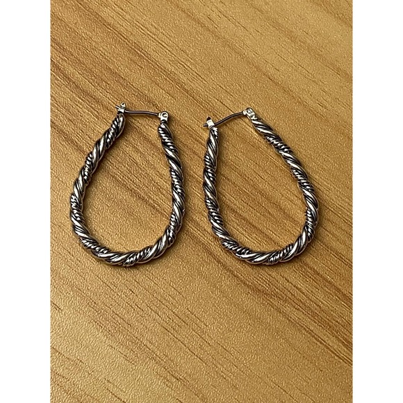 Jewelry - Silver Tone Twisted Rope Teardrop Hoop Earrings Antiqued Cable Knit Latch Back